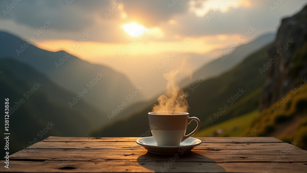 Serene Mountain Sunrise Coffee: Rustic Table & Radiant Morning Bliss Serene Mountain Sunrise Coffee: Rustic Table & Radiant Morning Bliss