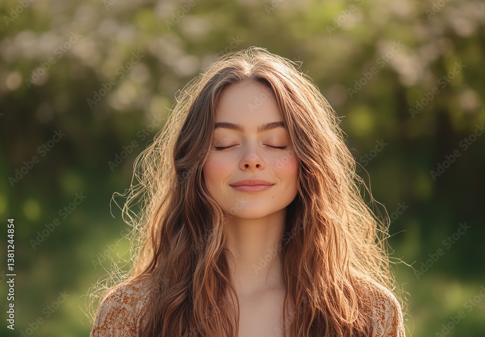 Serene woman with long hair and closed eyes standing in a sunlit meadow, soft natural lighting, peaceful atmosphere, green grass, outdoor scenery, tranquil mood. Serene woman with long hair and closed eyes standing in a sunlit meadow, soft natural lighting, peaceful atmosphere, green grass, outdoor scenery, tranquil mood.