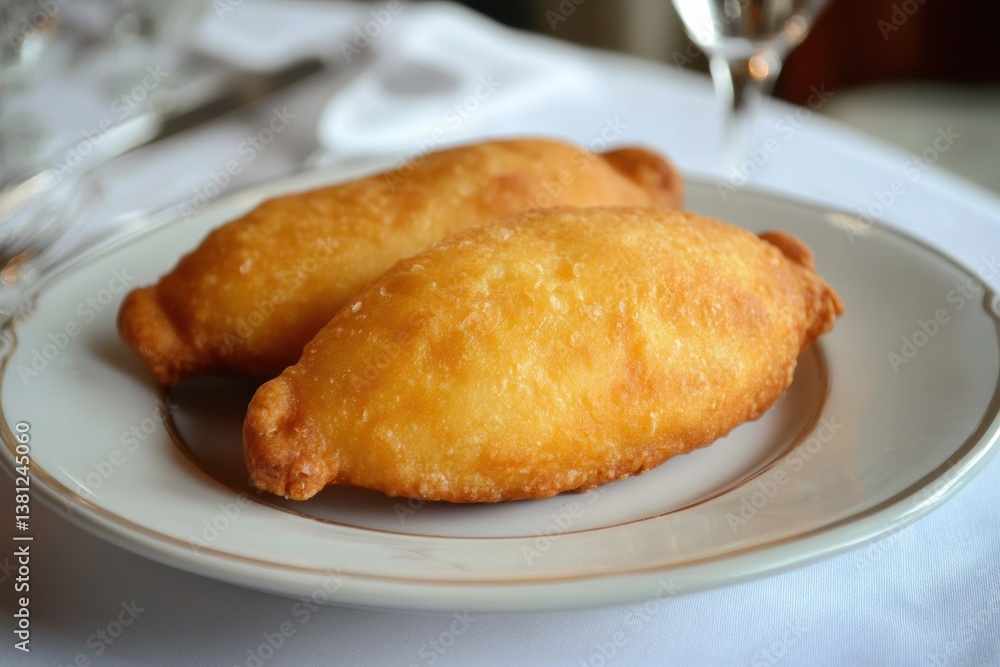 Two golden empanadas on elegant white plate close-up Two golden empanadas on elegant white plate close-up