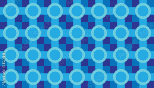 Seamless geometric pattern featuring interconnected blue circles over a dark blue checkered background. Ideal for modern design, tech-style wallpapers, and digital fabric prints