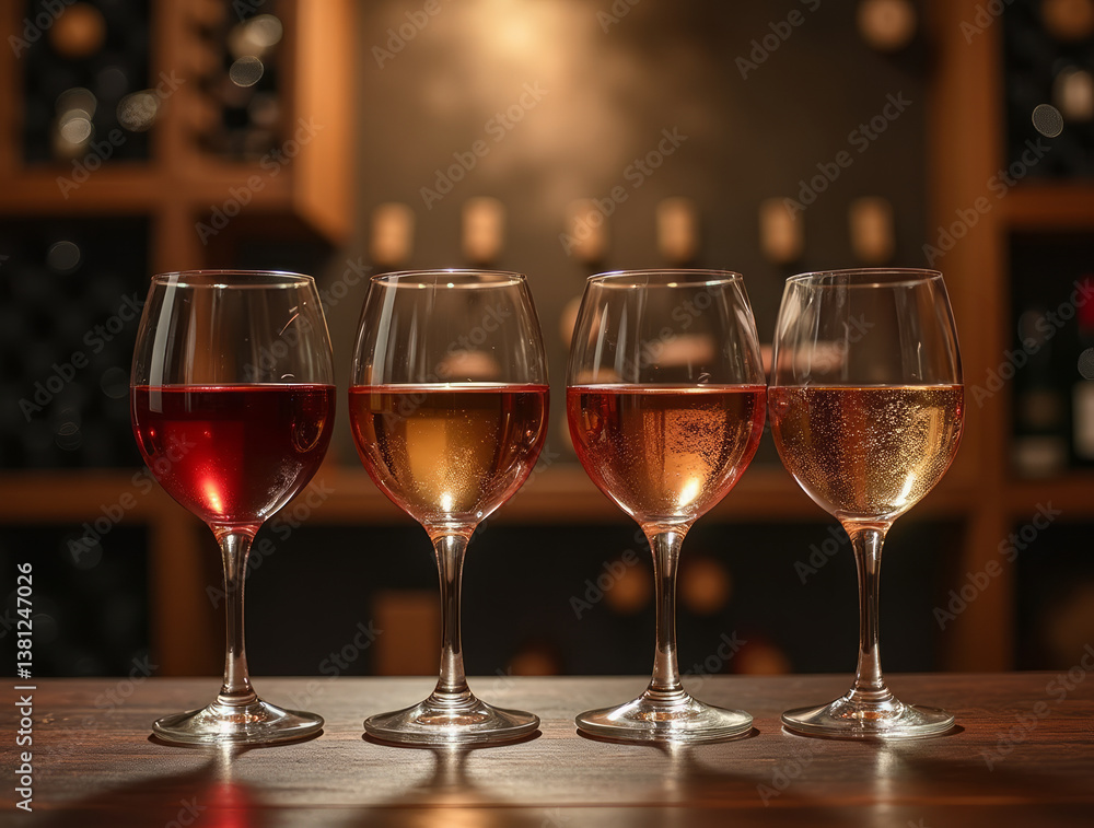Four Elegant Wine Glasses Arranged in a Row with Different Types of Wine Four Elegant Wine Glasses Arranged in a Row with Different Types of Wine
