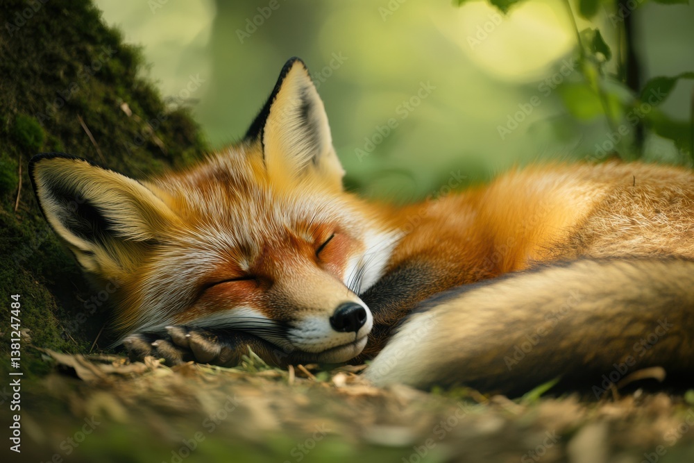 Obraz premium Peaceful red fox sleeping in sunlit forest on mossy ground