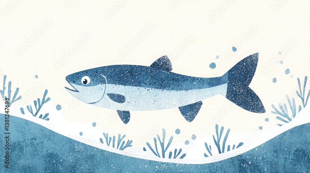 Fototapeta premium Cute Cartoon Fish Illustration, Adorable blue fish swimming in underwater scene.