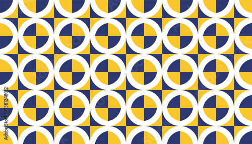 A geometric retro pattern consisting of white circles with dark blue and bright yellow triangle fillings, creating a dynamic and symmetrical visual rhythm