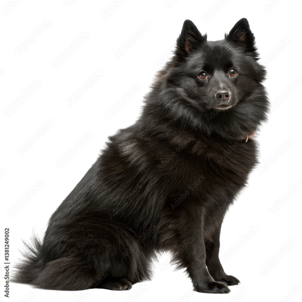 Schipperke Black dog sitting gracefully isolated on a white background.
Schipperke Black dog sitting gracefully isolated on a white background.