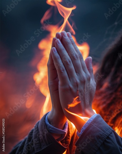 Praying hands with fire reflection. Pentecost, Holy Spirit, devotion, sacred fire.