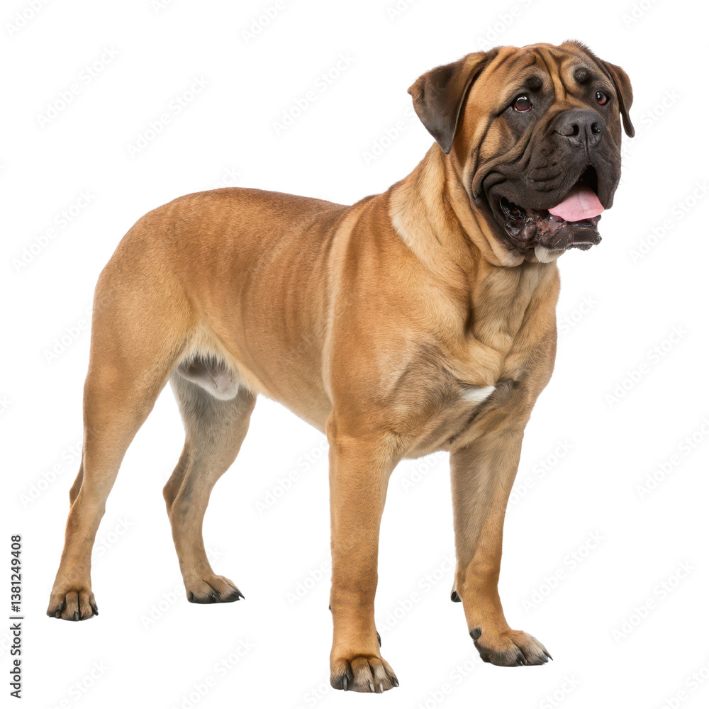 Bullmastiff standing confidently isolated on a white background.
Bullmastiff standing confidently isolated on a white background.