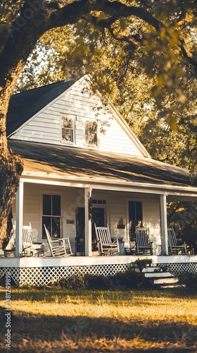 Charming Country Style Farmhouse with Inviting Sunlit Porch in Lush Greenery - Perfect for Stylish Rural Living