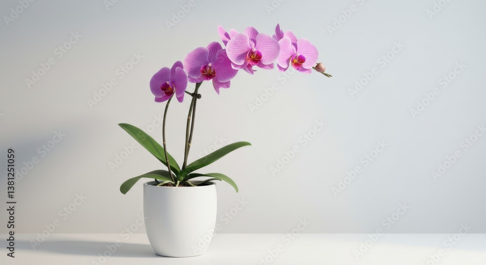 Elegant pink orchid in minimalist white pot on clean background Elegant pink orchid in minimalist white pot on clean background
