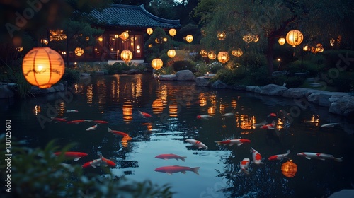 A serene koi pond with floating red lanterns and golden ornaments reflecting in the still water under a clear night sky