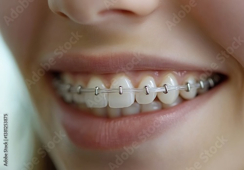 Close-up of teeth with braces, shiny metallic brackets, aligned teeth, blurred background, clinical lighting, white background
