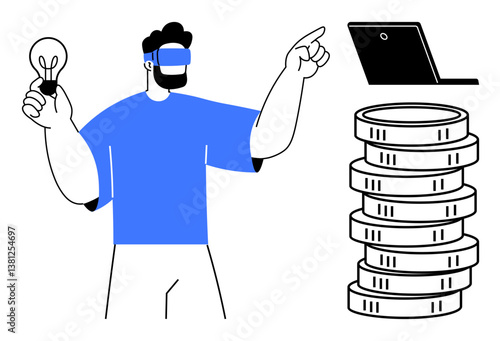Person wearing VR headset holding light bulb, pointing toward laptop and coins. Ideal for creativity, innovation, technology, virtual reality, fintech, digital business, flat simple metaphor