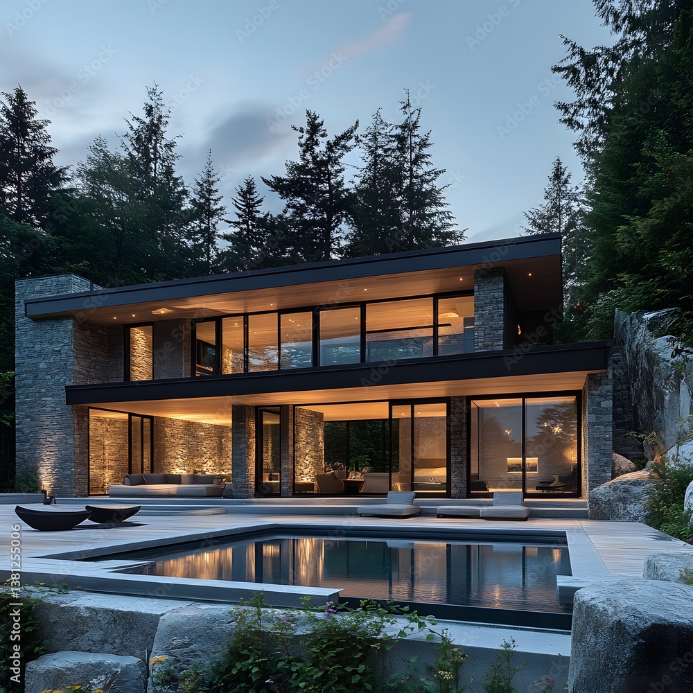 Fototapeta premium Luxurious Modern Stone House with Infinity Pool at Dusk Forest Setting
