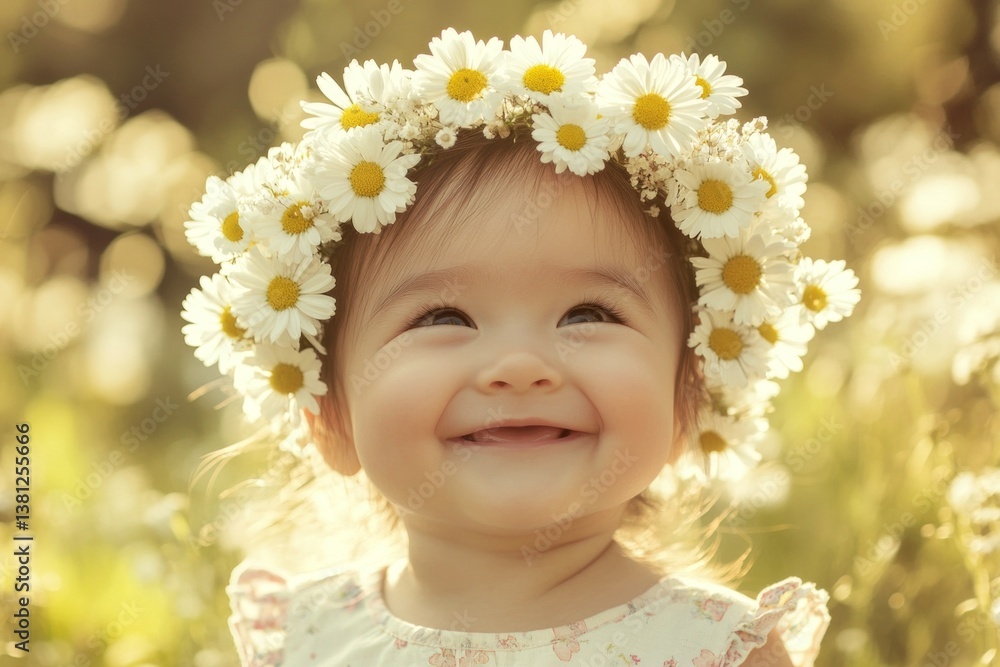 Sunny daylight. Happy asian infant girl wearing white flower circlet on her head. Happy sunny days symbol. Young girl with natural elegance. Free-spirited girl in a sunny field. Sunny daylight. Happy asian infant girl wearing white flower circlet on her head. Happy sunny days symbol. Young girl with natural elegance. Free-spirited girl in a sunny field.