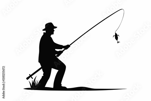man and fishing sihouette black vector