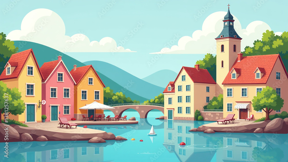 Naklejka premium colorful summer scenes european towns houses printed poster card holiday