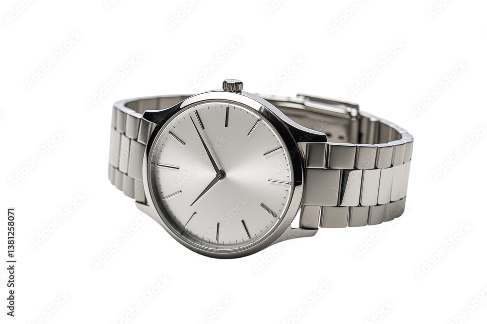 Close up shot of a silver wristwatch with a metal band against a black studio background scene on transparent background png Close up shot of a silver wristwatch with a metal band against a black studio background scene on transparent background png