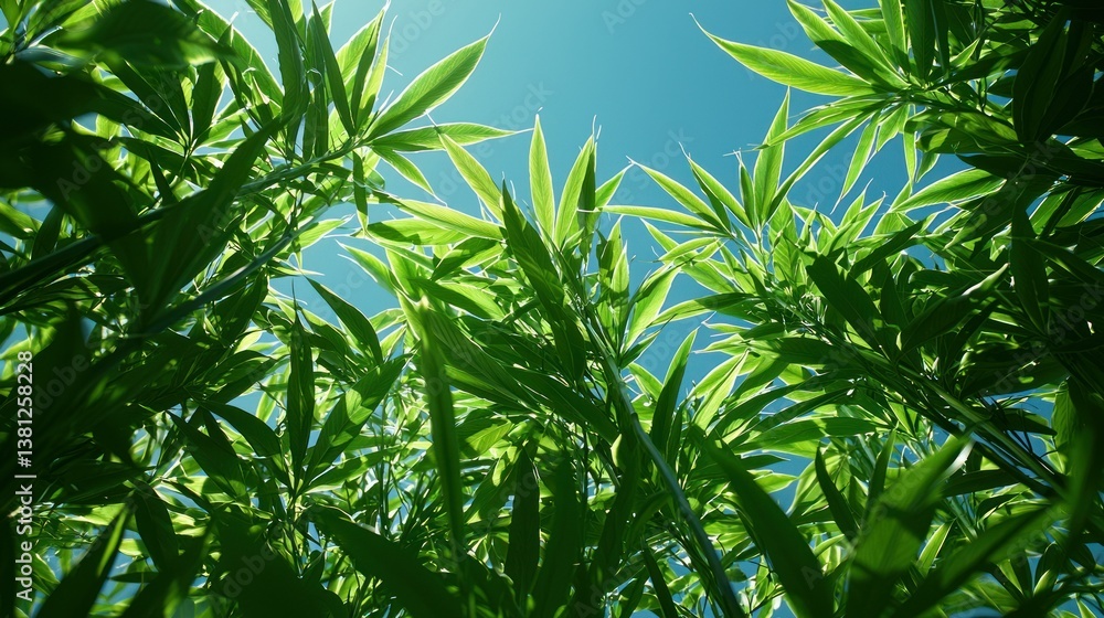 Vibrant Green Canopy: A Low-Angle View of Lush Foliage Under a Clear Blue Sky Vibrant Green Canopy: A Low-Angle View of Lush Foliage Under a Clear Blue Sky