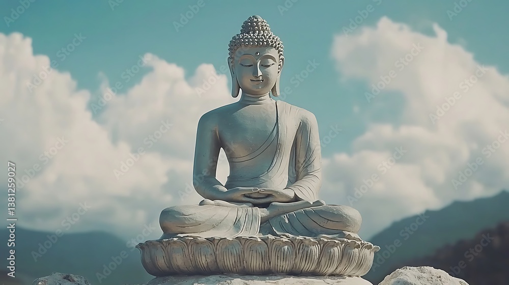 Fototapeta premium Serene Buddha statue against a backdrop of clouds and mountains