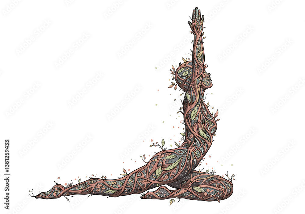 Obraz premium Artistic illustration of a yoga pose with a human figure made of entwined vines and leaves for International Yoga Day
