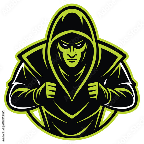 Hooded Figure with Glowing Green Accents, Sharp Gaze on Transparent Background