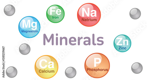 Minerals, For human body essential chemical group. Colored multi minerals, transparent bright bubbles. Transparency spheres, supplements food. White back. Vector illustration