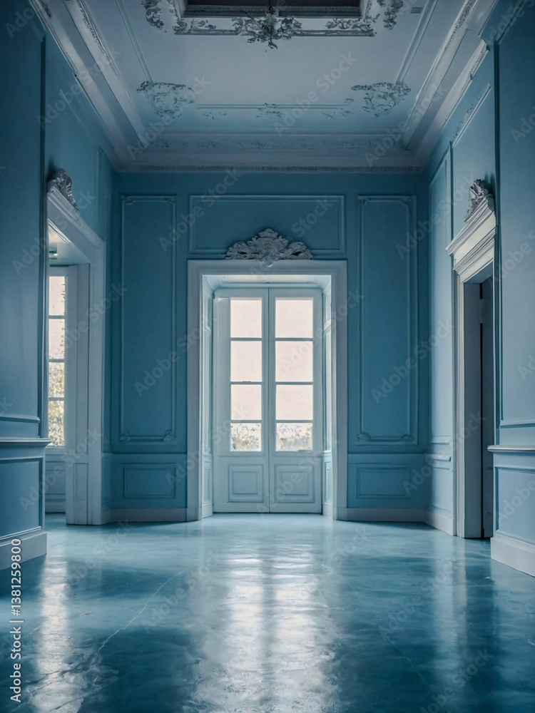 Light blue wall with polished floors and built-in lighting, creating a minimalist interior. Light blue wall with polished floors and built-in lighting, creating a minimalist interior.