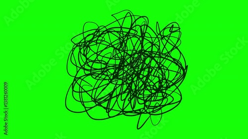 Doodle chaotic scribble ink stroke or pencil lines group in circle or spherical shape. 2d animation insane tangled hand drawn element isolated on green and black background.