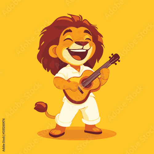 Cartoon lion playing guitar with a joyful expression and tropical outfit