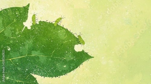 Green Leaf Eaten by Insects, Illustration of insects eating a green leaf.