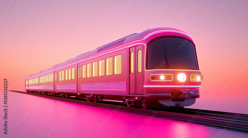 Naklejka premium Pink futuristic train sunset landscape travel