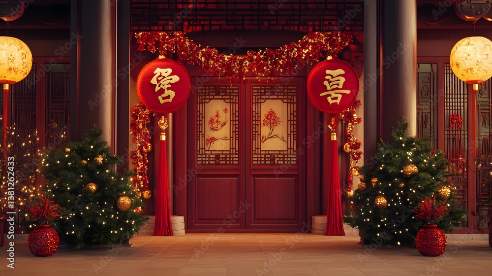 Fototapeta premium A peaceful koi pond with shimmering water reflecting red lanterns and golden ornaments creating a serene atmosphere