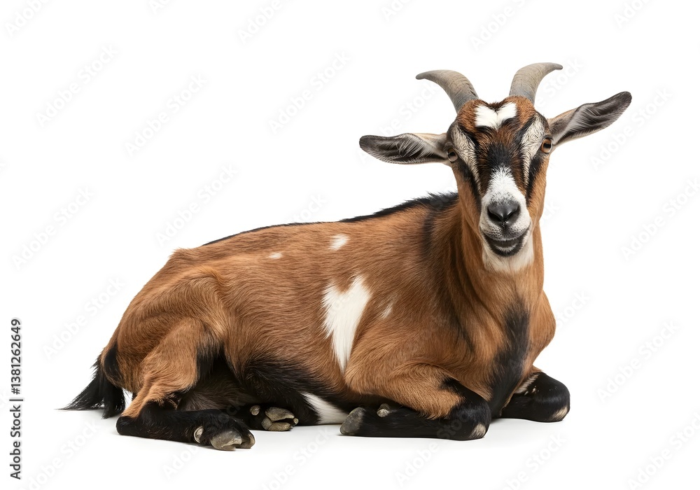 Fototapeta premium A peaceful Javan goat sitting serenely on a white background, perfect for Eid Adha themes, spiritual designs, or animal-related faith imagery