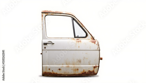 Old rusty car door isolated on white background representing vehicle recycling automotive decay and scrap