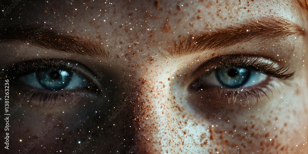 Woman's Face with Glitter and Bokeh Lights, Close-Up View. Woman's Face with Glitter and Bokeh Lights, Close-Up View.