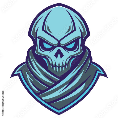 Skull Mascot Logo with Blue Shroud Isolated on White Background