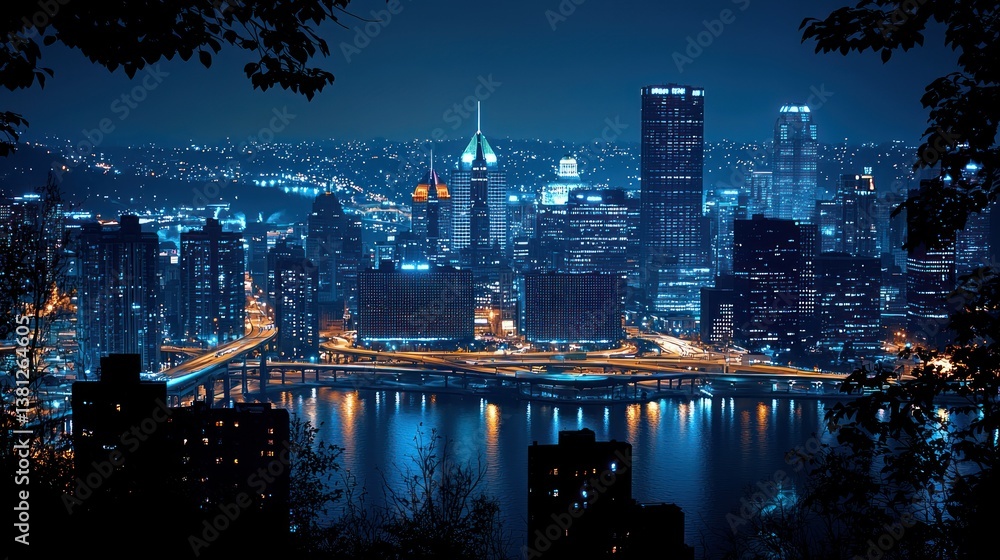 Fototapeta premium Night Lights of Pittsburgh Skyline: A Dazzling Urban Panorama