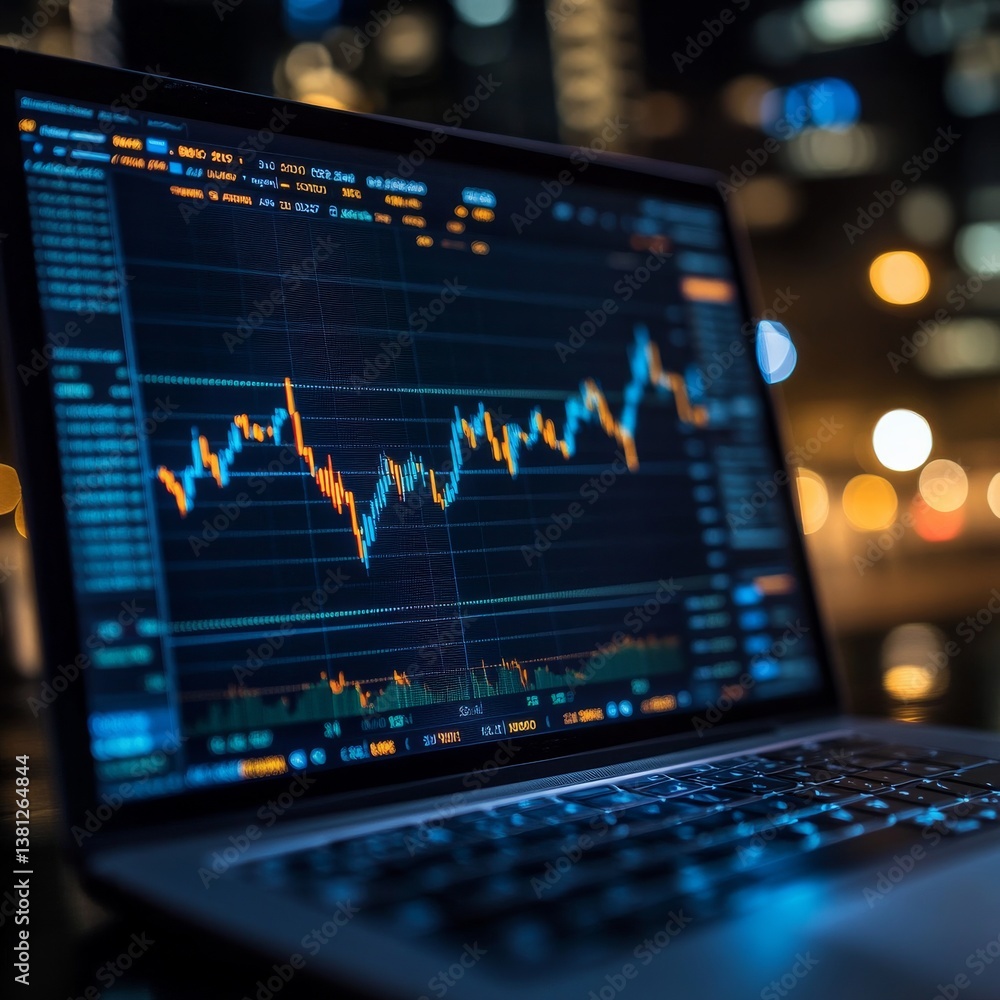 Analyzing Stock Market Data at Night: Laptop Displaying Financial Charts and Information Analyzing Stock Market Data at Night: Laptop Displaying Financial Charts and Information