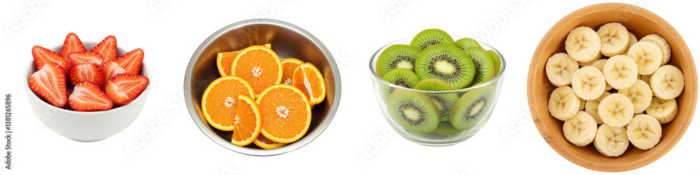 Sliced strawberries, oranges, kiwi, and banana. Sliced strawberries, oranges, kiwi, and banana.
