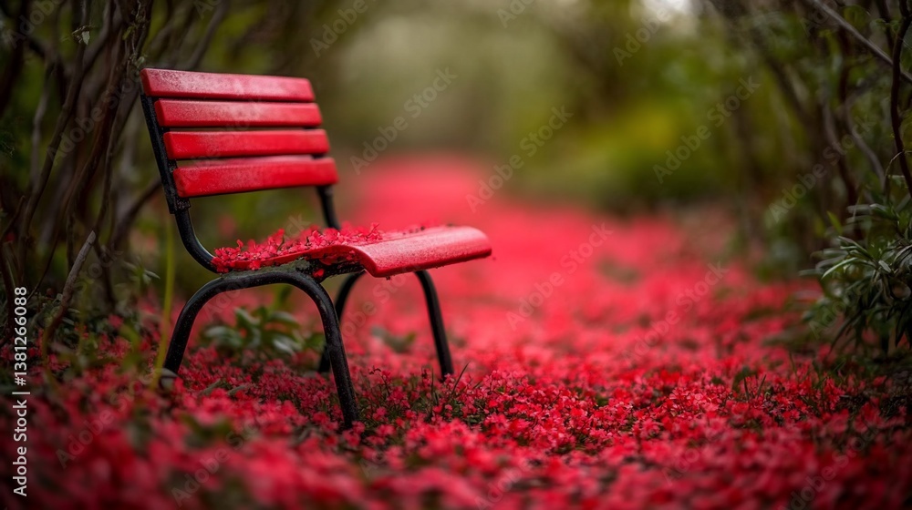 Red chair, garden path, red flowers, solitude, spring Red chair, garden path, red flowers, solitude, spring