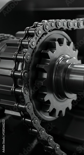 Ultra-detailed macro shot of a moving industrial chain drive, coated in high-performance lubricant