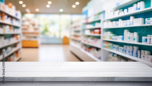 an empty white table on a blurry pharmacy background