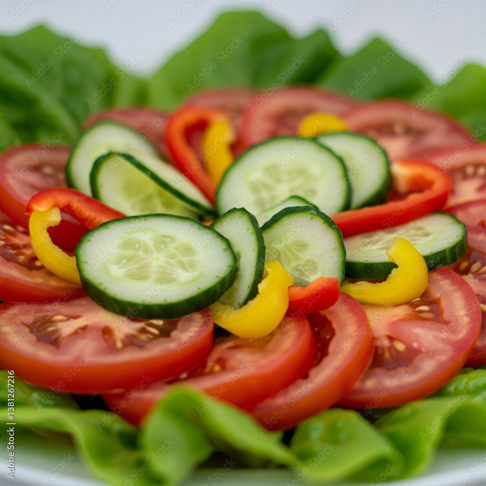 Sliced tomatoes, cucumbers and bell peppers creating a colorful and healthy salad Sliced tomatoes, cucumbers and bell peppers creating a colorful and healthy salad