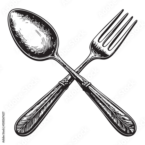 crossed spoon and fork vector engraving illustration