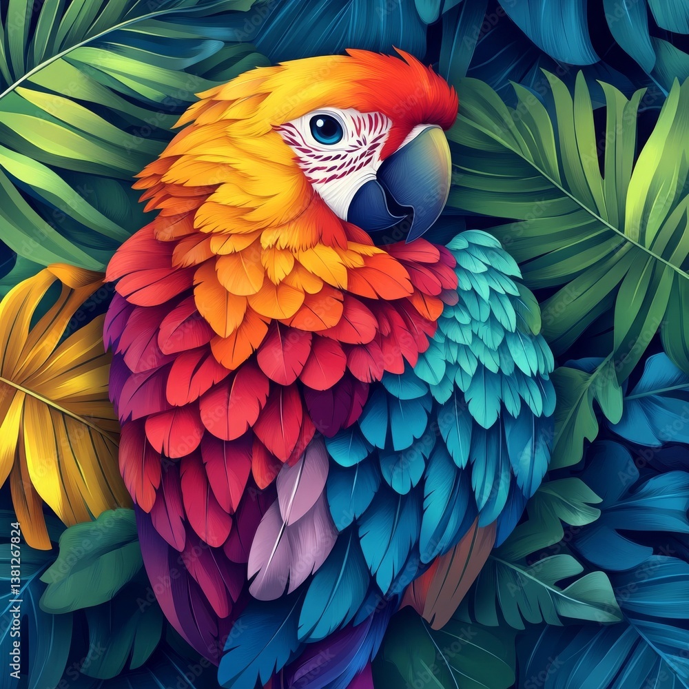 Obraz premium Vibrant Parrot Perched Among Lush Tropical Leaves Showcasing Stunning Colors and Feathers, Perfect for Nature and Wildlife Themes