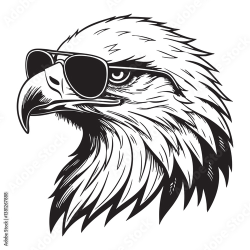 eagle head wearing sunglasses vector engraving illustration