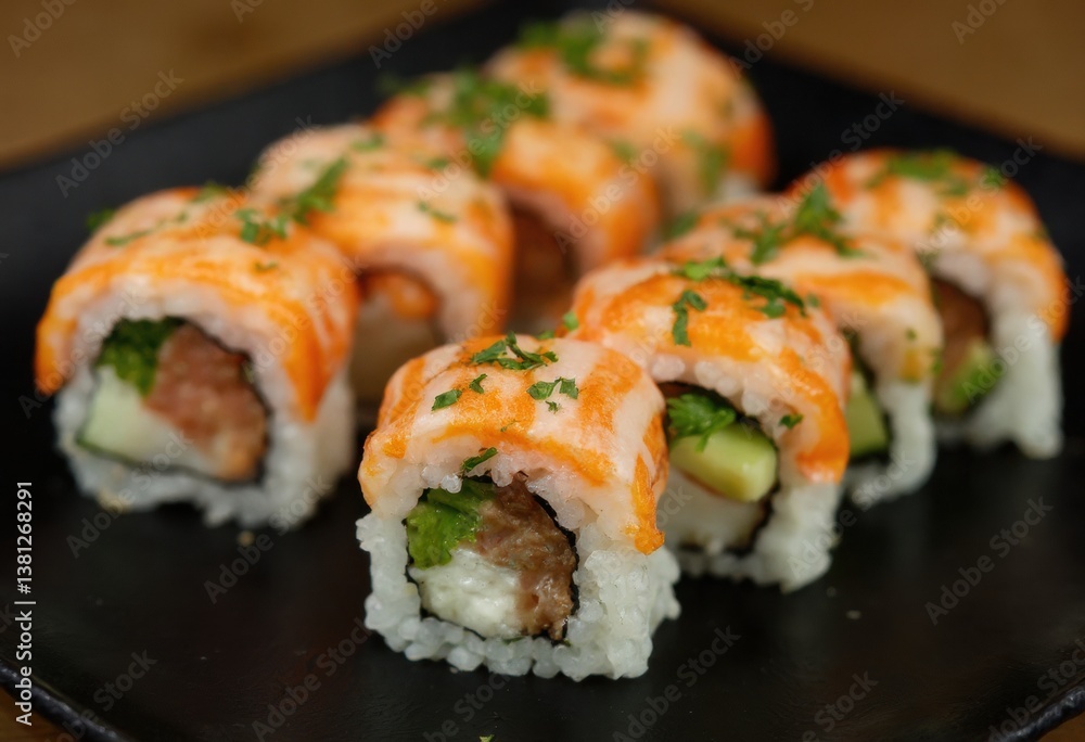 Salmon Sushi Rolls with Cucumber and Avocado Topped with Fresh Chives on a Brown Plate. Salmon Sushi Rolls with Cucumber and Avocado Topped with Fresh Chives on a Brown Plate.