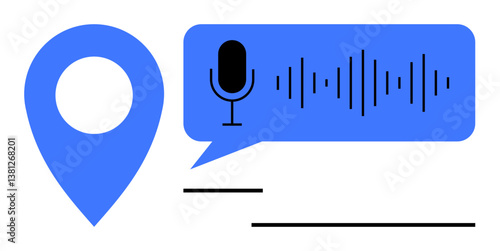 Blue location marker and speech bubble with microphone and sound waves. Ideal for navigation, voice control, travel, technology, geolocation, accessibility, user experience. Flat simple metaphor
