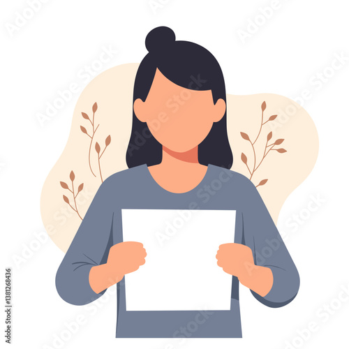 Person holding a blank sheet of paper against a floral background  