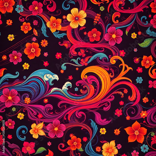Abstract colorful background with swirling patterns of flowers, waves, and abstract shapes art illustration design